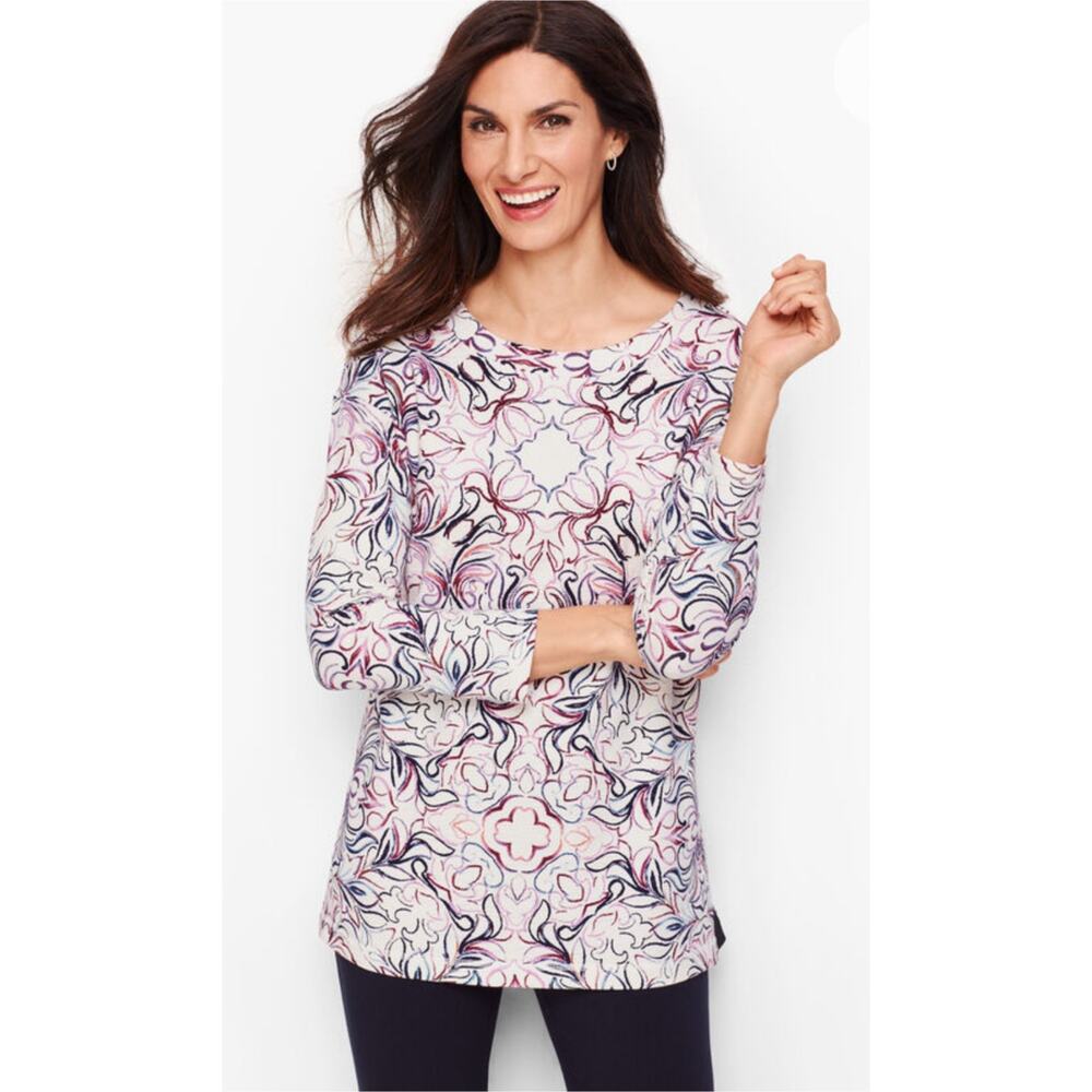 T By Talbots Sketched Tile Print Top 3/4 Sleeve S… - image 1